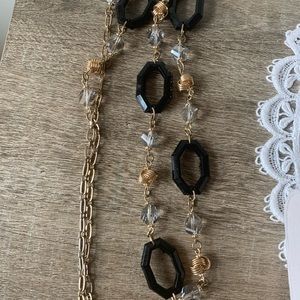 Beautiful statement necklace black acrylic beads and clear stones on gold chain